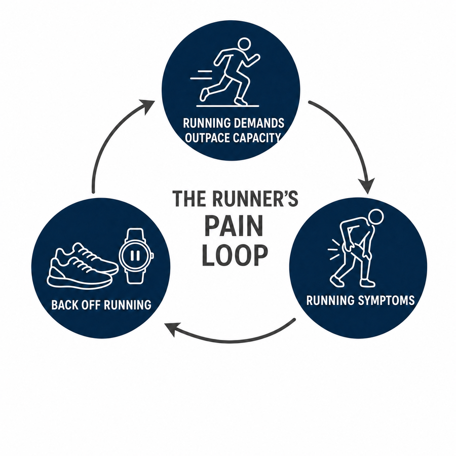 The runner's pain loop: running demands outpace capacity, running symptoms, back off running, repeat